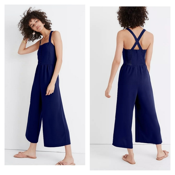 Madewell Smocked Button-Front Crop Jumpsuit - Picture 2 of 12